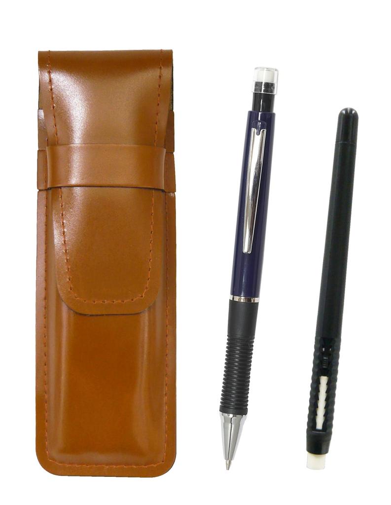 2 шт. в упаковке: тонкий пенал из коровьей кожи, коричневый, с ластиком в форме ручки, черный и с металлическим наконечником, механический карандаш, синий ASCMC46B-WZ13SP-L-2