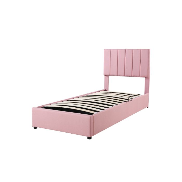 Lit d'enfant - MUVOE - 90x200 cm - Rembourré - Rangement hydraulique - Rose