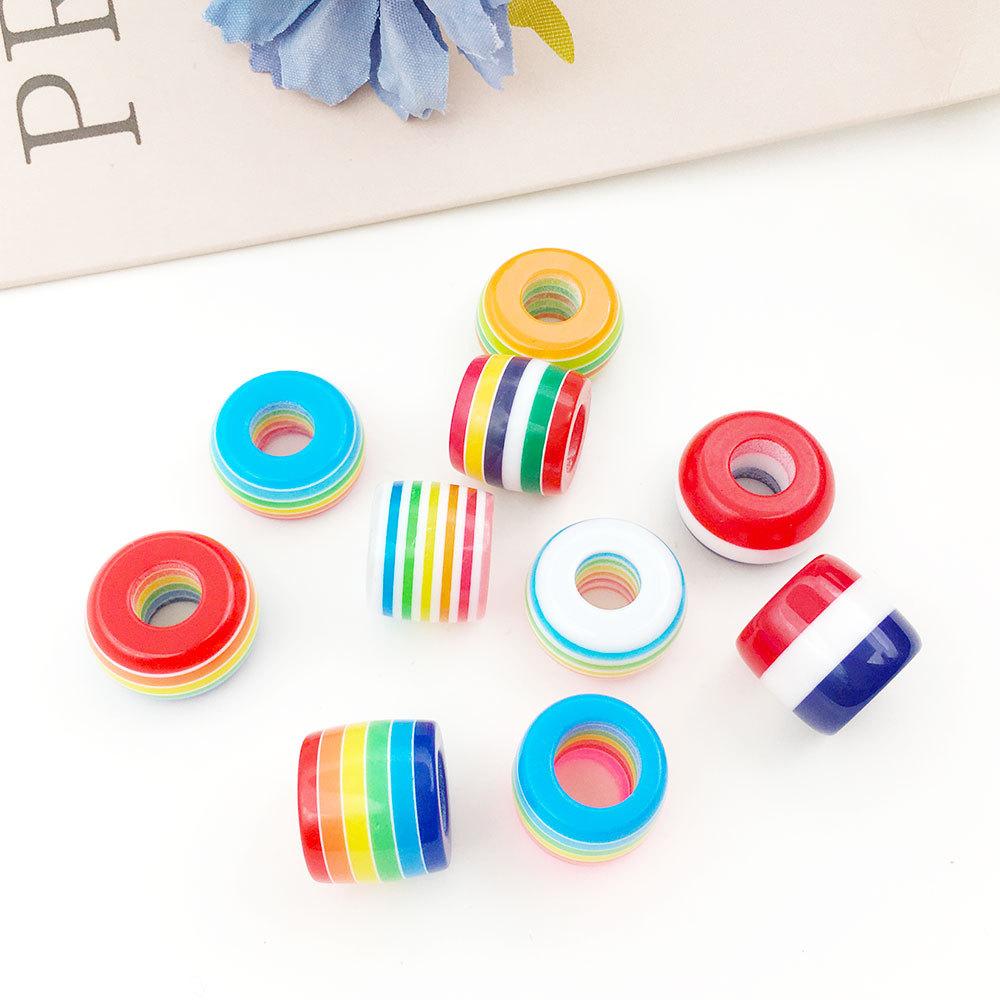 10 шт., 8*14 мм, круглые бусины из смолы в полоску с большим отверстием, акриловые семицветные радужные свободные бусины, браслет «сделай сам», интервальные бусины