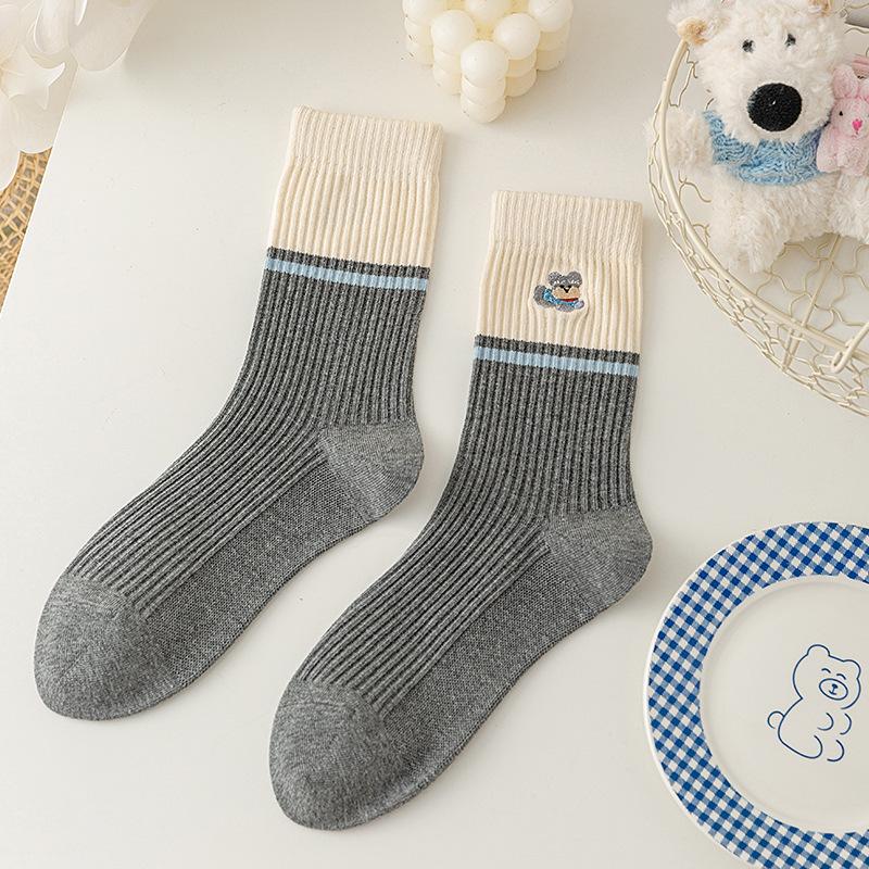 Women's Blue-Gray Striped Ruffled Socks with Lace Embroidery - Trendy Mid-Calf Style In Combed Cotton