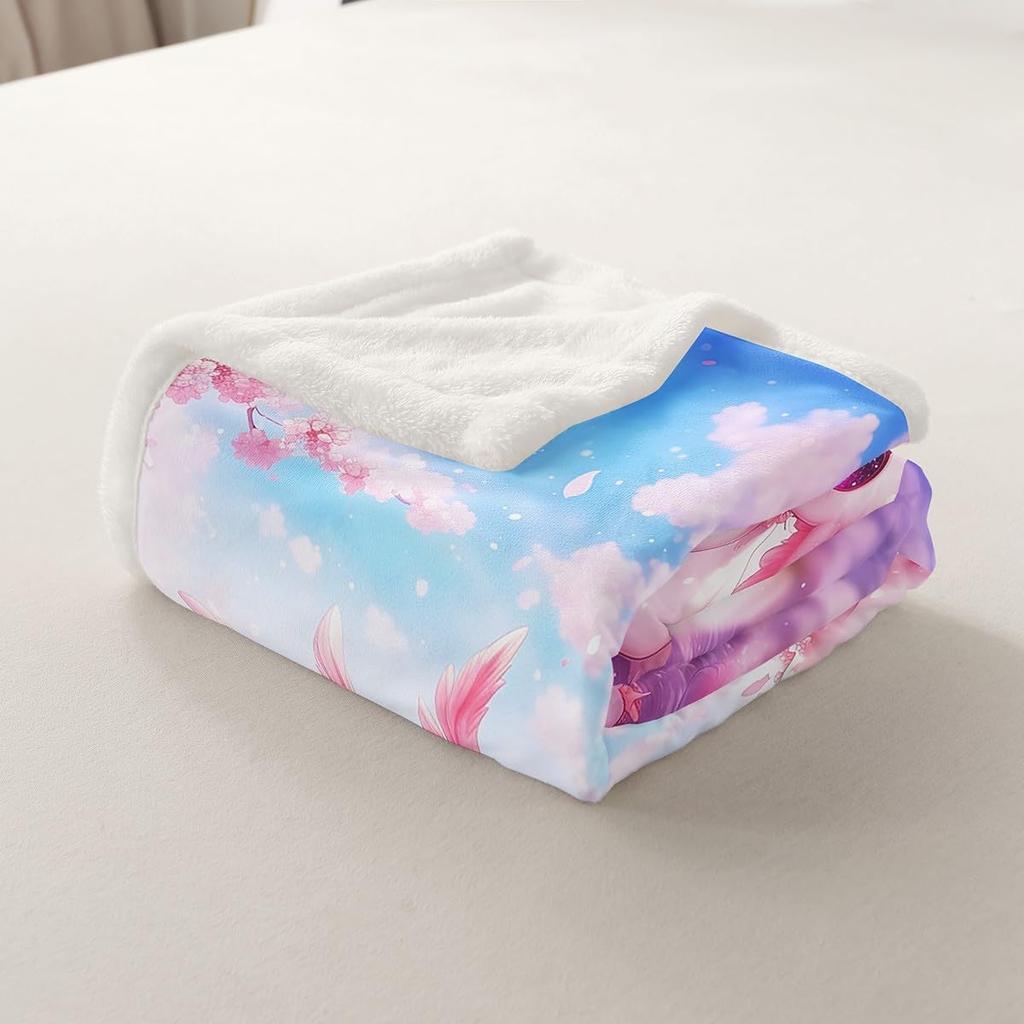 Cute Pink Axolotl Blanket Soft Fleece Throw Cherry Blossom Design Fantasy Art Kids Room Decor