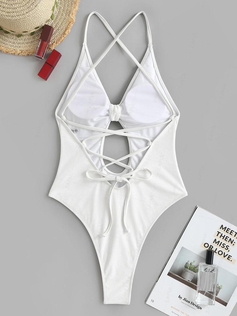 ZAFUL Knotted Ribbed Criss Cross Lace Up Cheeky One-piece Swimsuit