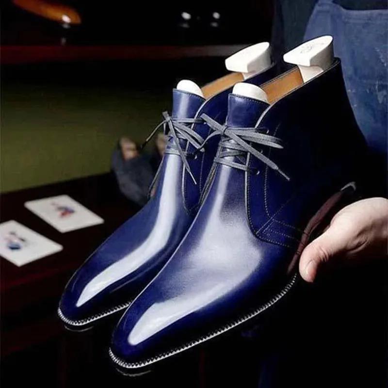 Fashion Men Ankle Boots Brown Black Blue Motorcycle Boots Lace Up Business Handmade Pu Leather Shoes for Men with
