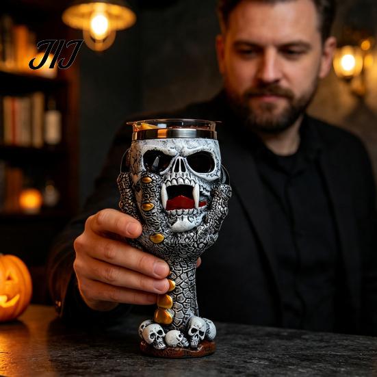 Dark Style Barware Horrible Resin Stainless Steel Skull Goblet, Retro Skeletal Wine Gothic Spooky Theme Tabletop Decor Cocktail Glasses, Vintage