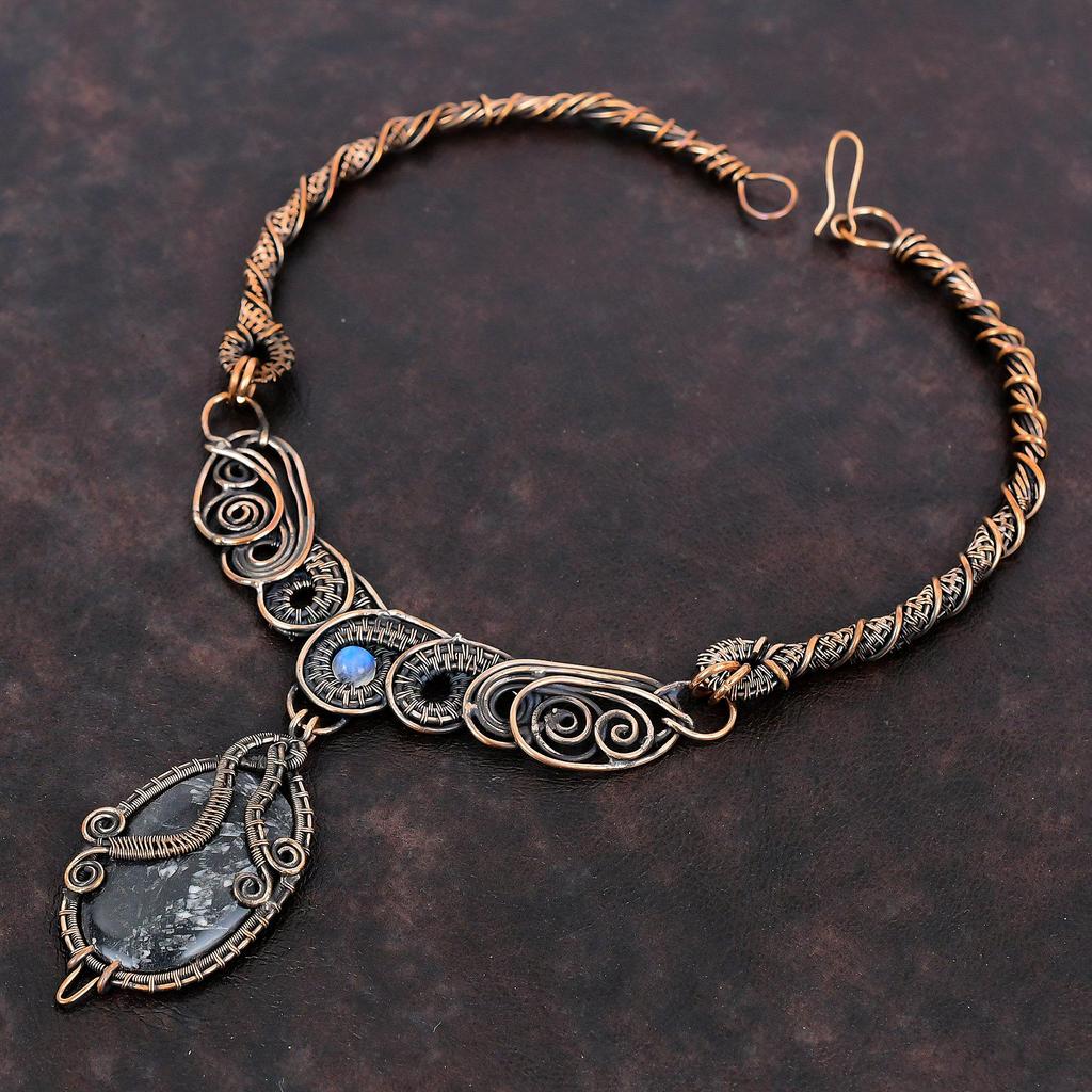 Ожерелье с хризантемой, медная проволока, ожерелье с лунным камнем, ожерелье с драгоценными камнями, хризантема, медные украшения, ожерелье ручной работы, подарок для мамы