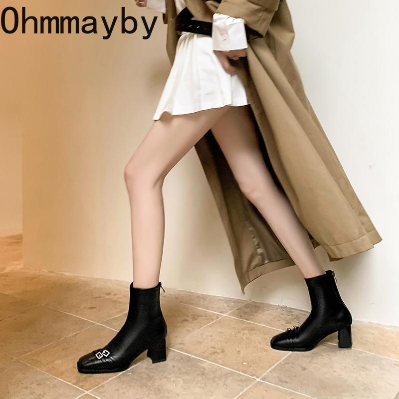 Fashion Thick Heel Ankle Boots Women Street Style Slim Square Toe Zipper Autumn Winter Rhinestone Ladies Shoes