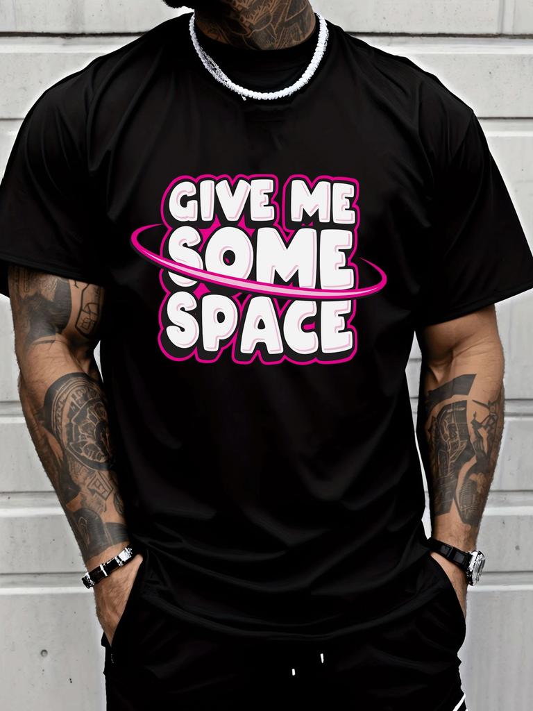 Unisex Crew Neck Tee Give Me Some Space Planet Ring Letter Print Short Sleeve Top Summer Outdoor Loose Soft Casual Basic Daily Wear