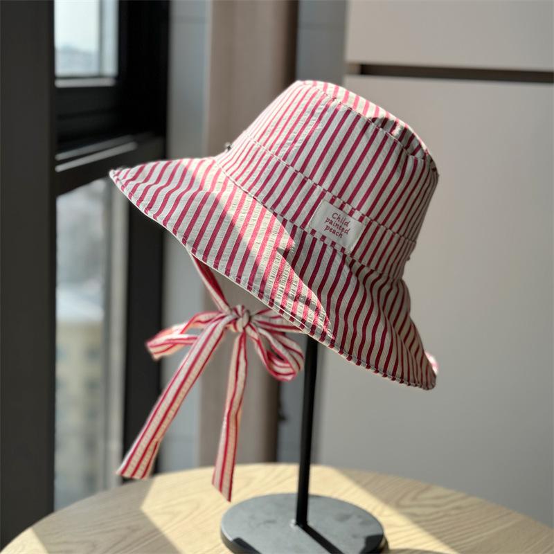 New Korean-style striped lace-up fisherman hat for women, summer large brim, UV protection, double-sided, versatile hiking hat
