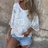 Женские топы с круглым вырезом и рукавами 3/4, белая блузка с цветочным кружевом, однотонная, свободного кроя, повседневная рубашка для вечеринок, клубов, летняя блузка