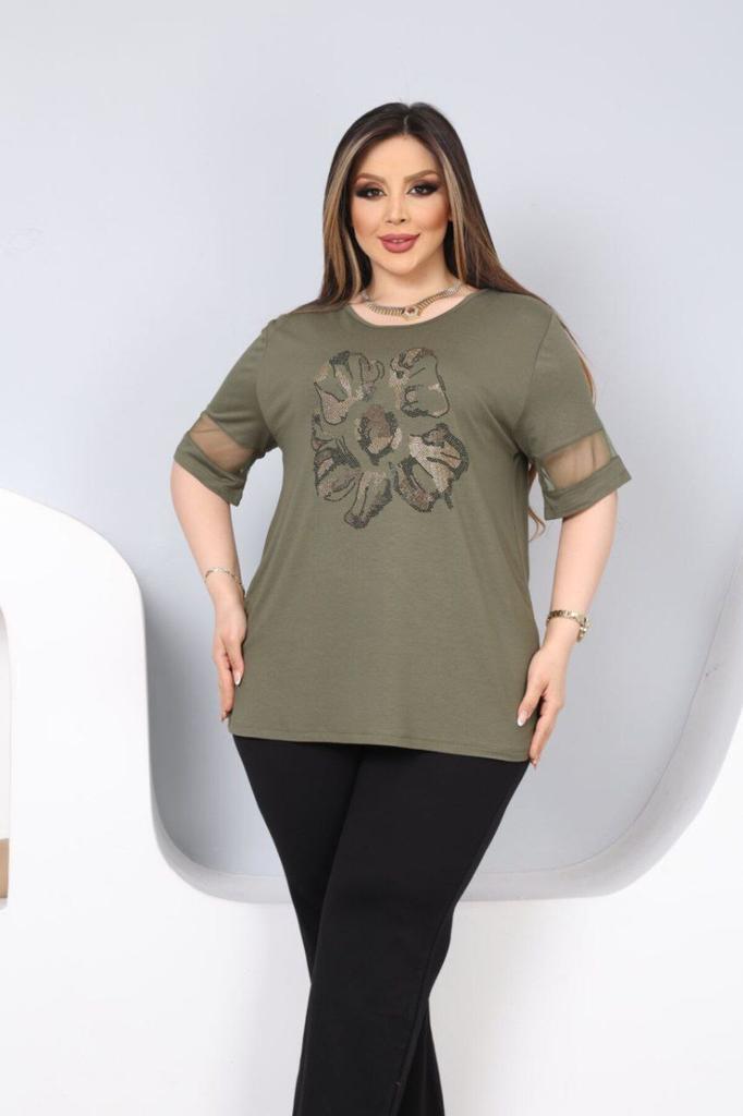 Женская блузка большого размера Блузка большого размера с каменным цветочным узором спереди