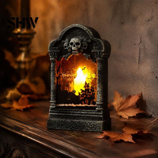 LED Atmosphere Light Tombstone Candle Lantern, Lighted Spooky Graveyard Table Lamp, Halloween Holiday Party Supplies Small Night for Haunted House Bar