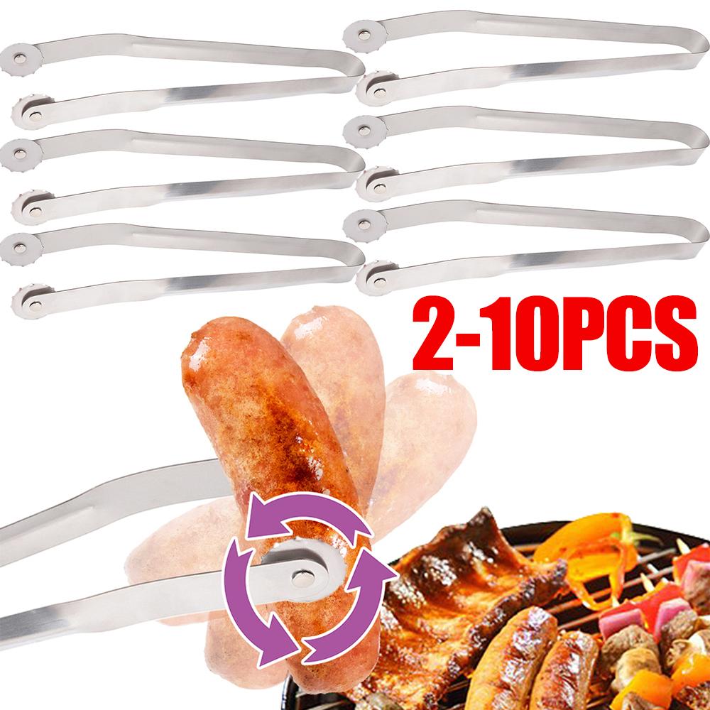 2-10pcs BBQ Sausage Turning Tongs Kitchen Hot Dogs Cooking Clip Stainless Barbecue Long Handle Tongs for Flipping Bacon Steak