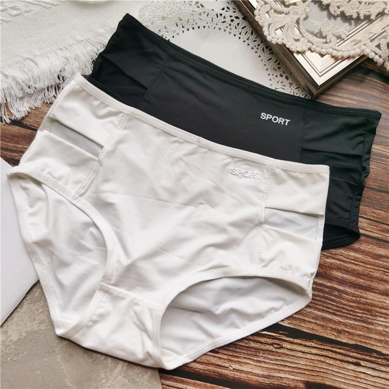 Mid-waist Sexy Briefs Design Sense Niche Side Hollowed-out Ice Silk Panties Letter Wrap Hip Women's Underwear