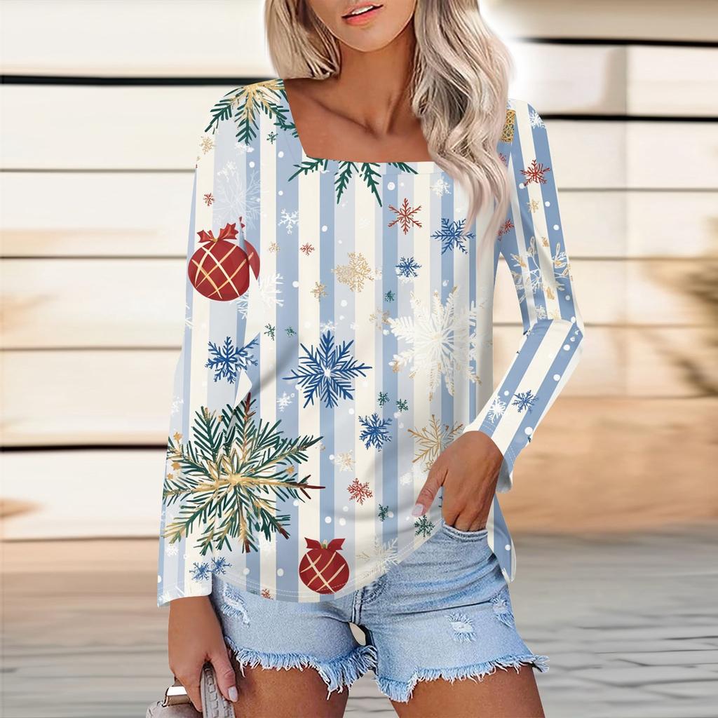 Женская модная повседневная рубашка с длинными рукавами и рождественским принтом с квадратным вырезом и длинными рукавами