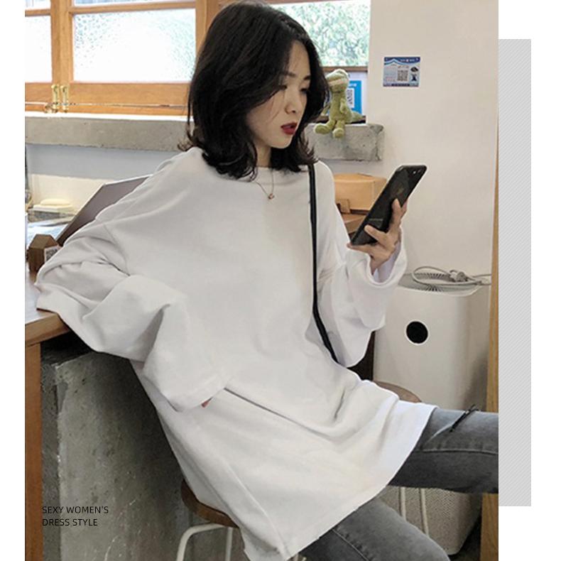 Весна-Осень, однотонная простая футболка большого размера, мягкая длинная футболка в стиле Харадзюку, женские универсальные футболки, женские белые, желто-зеленые, черные топы с длинными рукавами