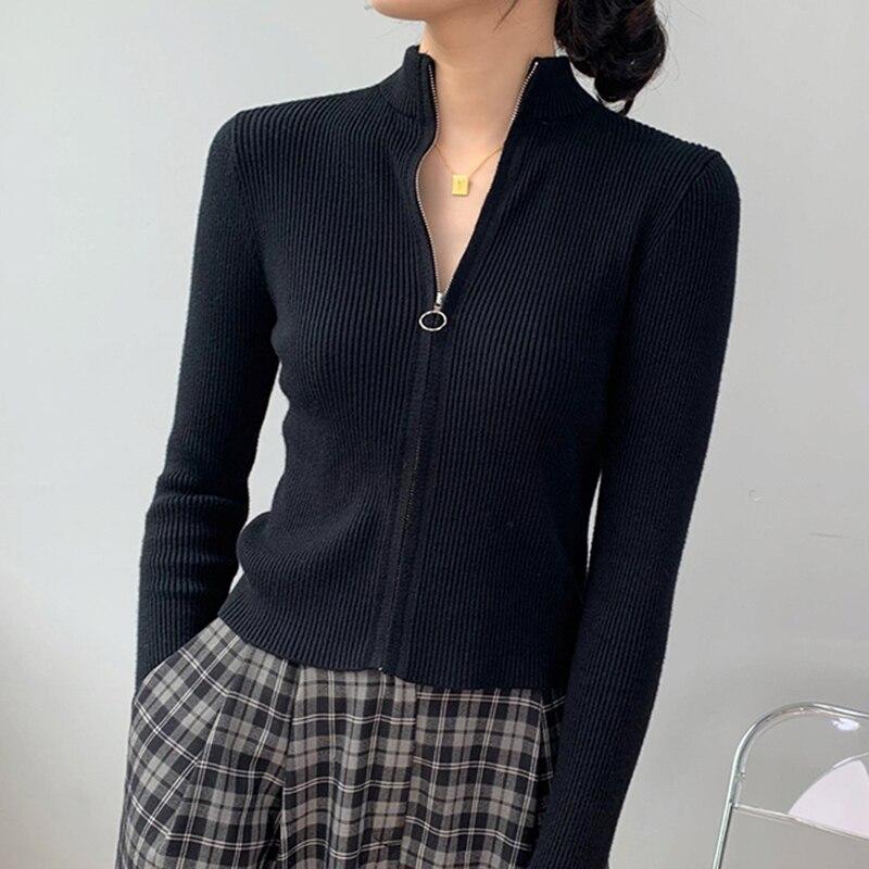Patchwork Turtleneck Slim Knitted Cardigans for Women Spring Zipper Korean Knitwear Tops Elegant Knit Coat Female