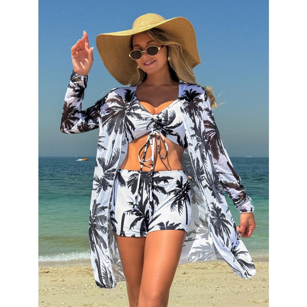 Женский трехсекционный комплект бикини с шортами-бойфрендами, модный купальник с бантом и пляжным парео