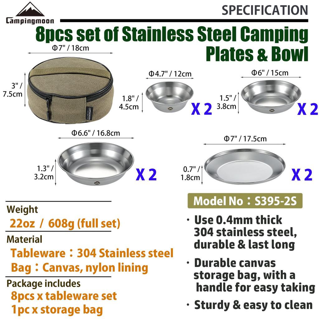 CAMPING MOON Tableware Camping Plate Stainless Steel Tableware Set 8 Pieces Comes with Canvas Case S395-2S