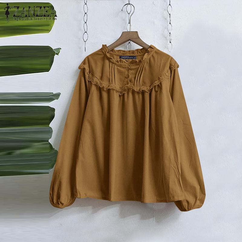 ZANZEA Женские винтажные кружевные блузки с круглым вырезом и длинным рукавом в полоску