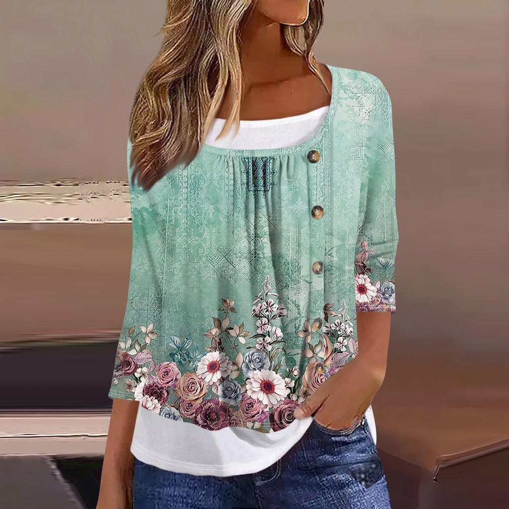 Women's T Shirt Tee Print 3/4 Sleeve Fake Two Pieces Daily Weekend Fashion Basic Regular Top