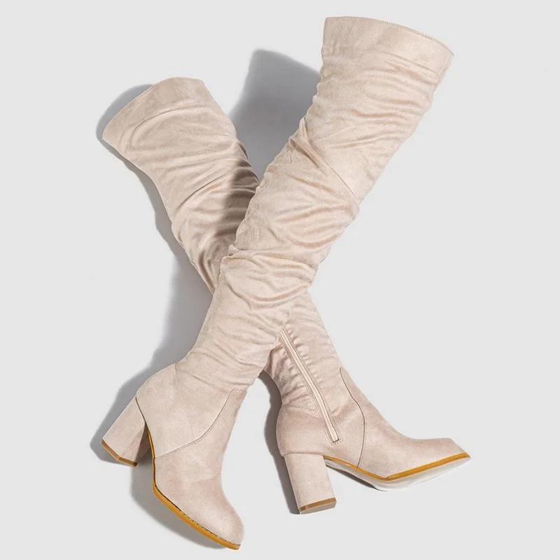 Women Flocks High Thick Heel Long Boots Lady Over The Knee Side Zipper Winter Boots Female Ruffle Office Fashion Boots