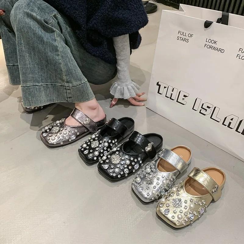 Женские туфли с пряжкой и ремешком, женские туфли на плоской подошве, модные, с бисером, ежедневные бестселлеры, женские туфли на плоской подошве, новые, с квадратным носком, на низком каблуке