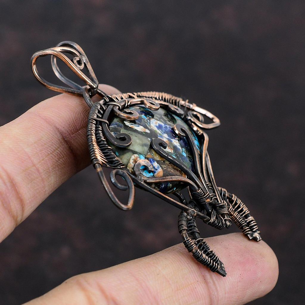 Медный кулон с мульти-бирюзой, кулон, обмотанный медной проволокой, ювелирные изделия из драгоценных камней, ручная работа, кулон в виде черепахи, украшения из медной проволоки, подарок для мамы