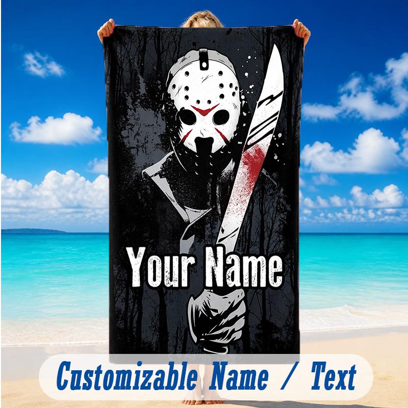 Beach Towel Custom Name Text, Quick Dry Large Towel For Beach HomeFriday the 13th Jason Voorhees