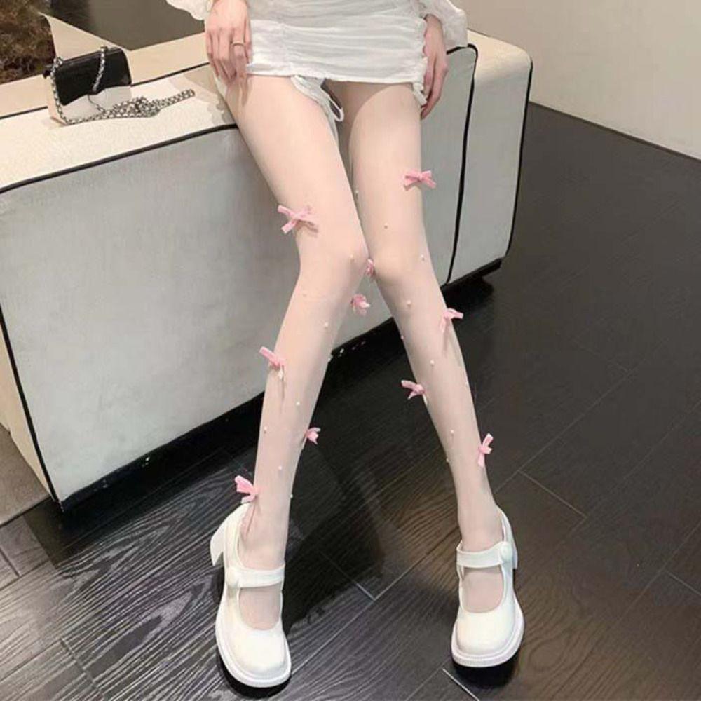 Прозрачные чулки JK Лолита Сетка Милые чулки для девочек Бантик Жемчужные колготки Весна