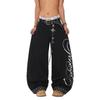Unisex Wide-Leg Gothic Streetwear Denim Pants With Letter Print Polka Dot Patchwork Design
