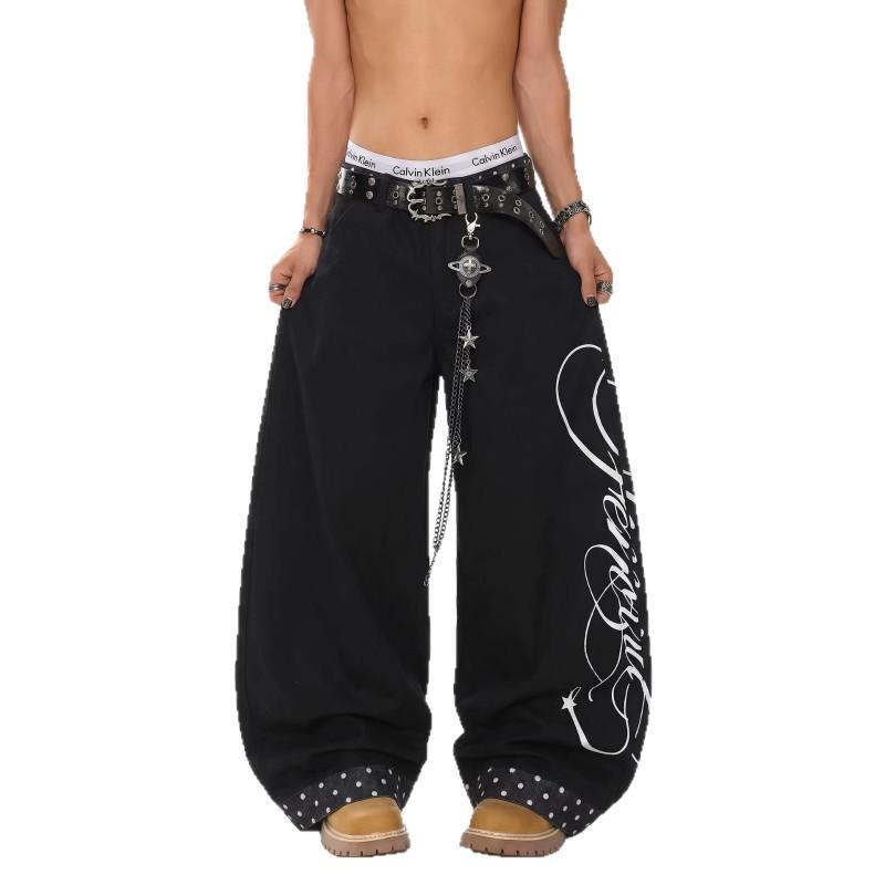 Unisex Wide-Leg Gothic Streetwear Denim Pants With Letter Print Polka Dot Patchwork Design