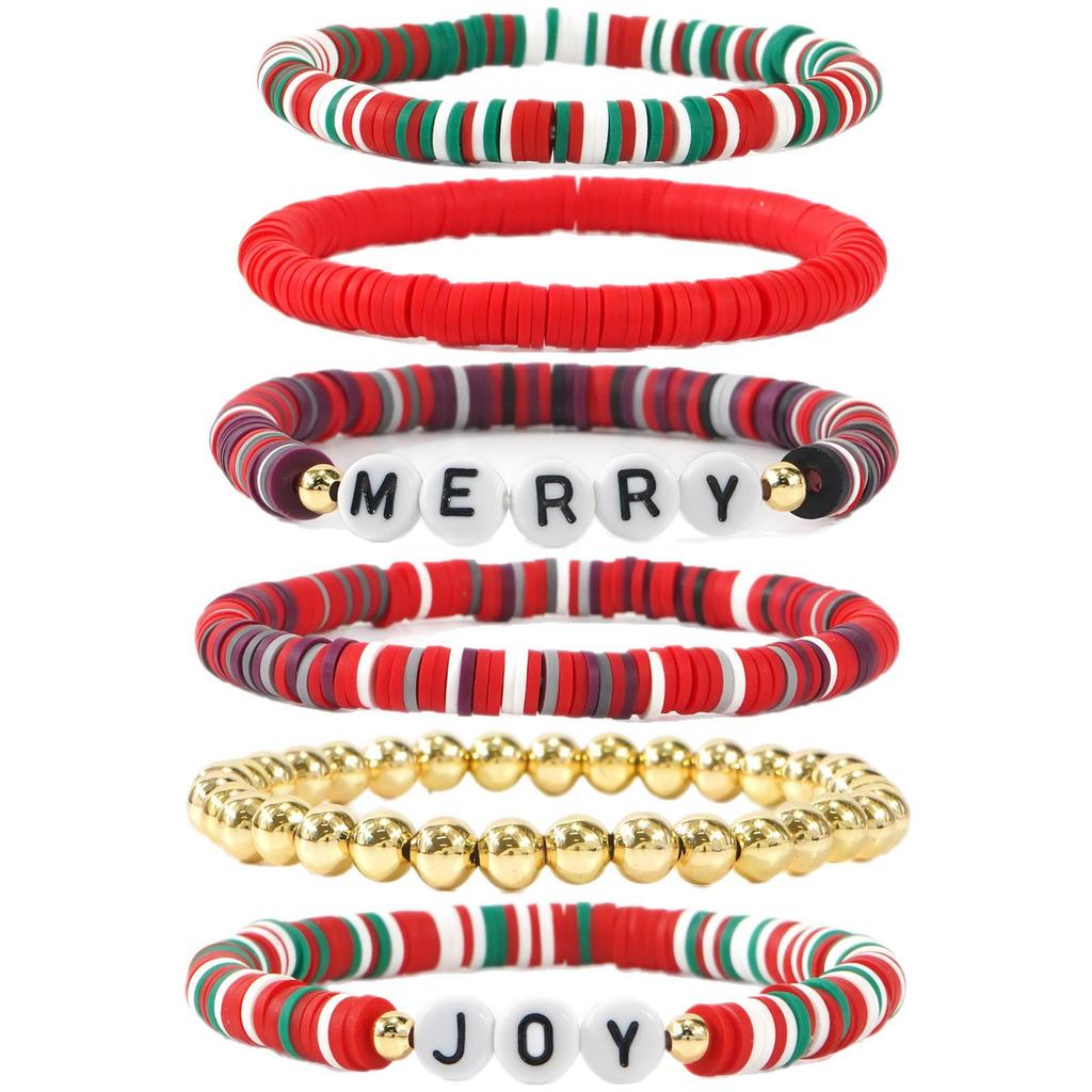 Festive Polymer Clay Bracelet Set: 6-Piece Christmas Stripes with Letter Elements