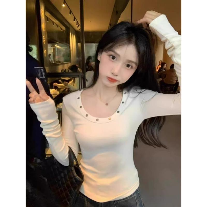 Темпераментный воротник, рубашка с заклепками, женский топ с длинными рукавами, модная базовая рубашка в стиле Spice Girl облегающего кроя для весны