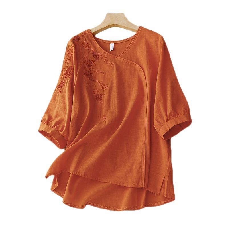 Новый летний стиль 700-й рукав три четверти Вышитая рубашка для женского литературного ретро свободного кроя Вышитый хлопок и лен Топ