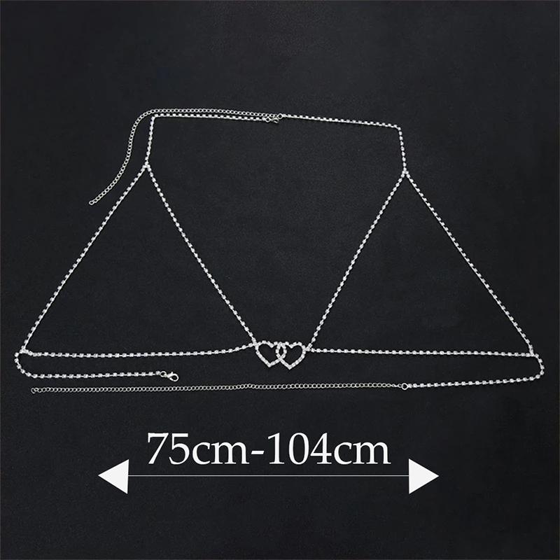 Stonefans Bohemian Fashion Double Heart Chest Chain Jewellery Rhinestone Bodies Women's Bra Sexy Cute Tube Top Underwear Gifts