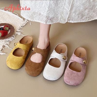 Мода Aphixta Конфетный цвет Плоские Женские тапочки Коровья замша Металлическая отделка Обувь Милый Круглый носок Слипоны Уличные Шлепанцы Мюли