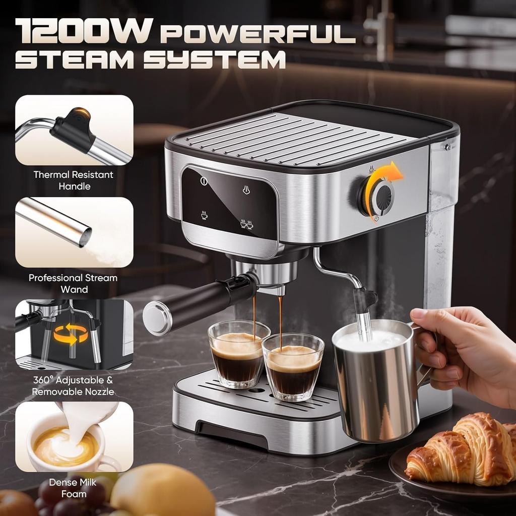 Кофемашина эспрессо 20 бар, профессиональная с капучинатором, светодиодный сенсорный экран, резервуар 61 унция, компактная домашняя кофеварка для латте и капучино