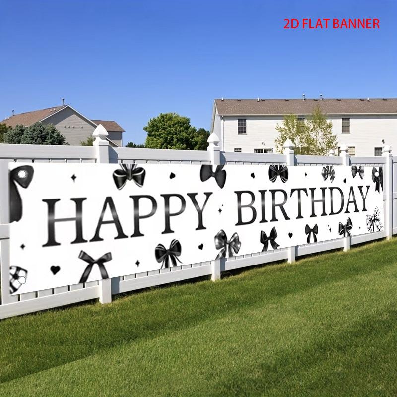 Happy Birthday Party Banner, Black Bow Design, Polyester Outdoor Garden Yard Photography Decoration