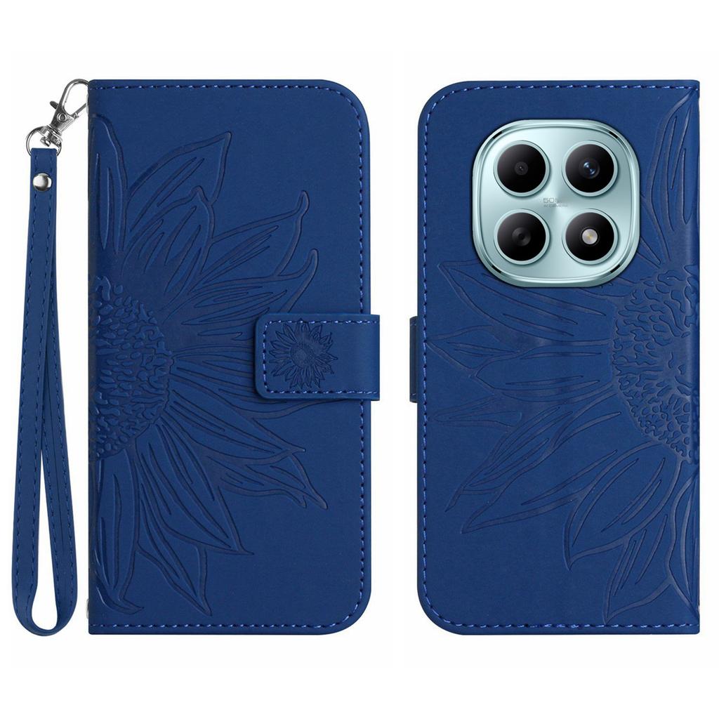 Для Xiaomi Poco M8 5G/Redmi Note 15 5G (Глобальный)/15 4G (Глобальный) Чехол-портмоне из кожи с принтом подсолнухов и ремешком на запястье.