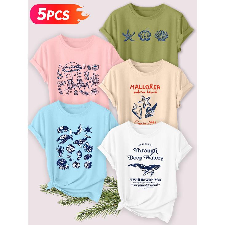Пятиpiece set Элегантная рубашка с коротким рукавом для женщин Серия для пляжного отдыха с принтом женская рубашка с коротким рукавом с круглым вырезом, подходящая для весны и