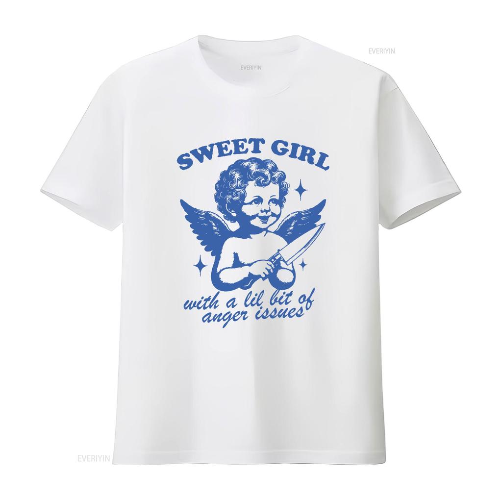 Y2k Vintage Streetwear Cherub Angel Sweet Girl Anger Issues Funny Slogan Print Casual T Shirt Vintage Unisex Stylish