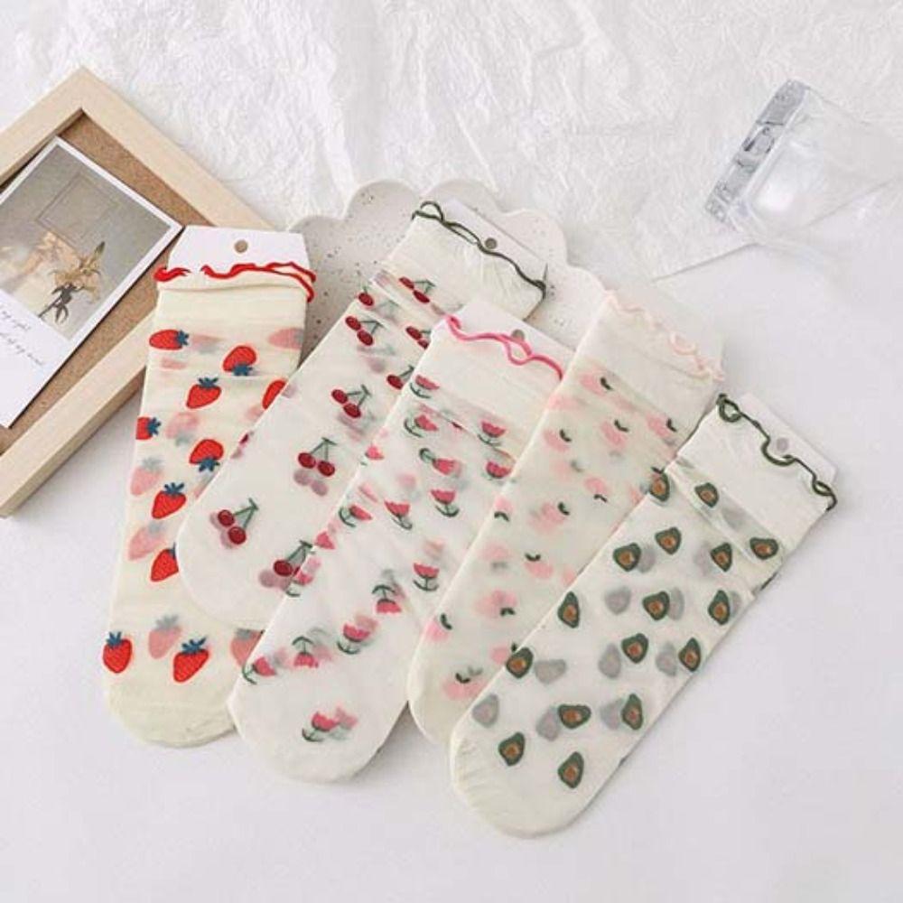 Cherry Transparent Flower Ruffle Socks Avocado Fruit Mesh Tulle Mid Tube Socks Streetwear