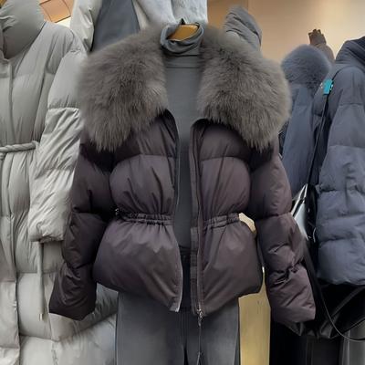 Женский зимний пуховик с лацканами из лисьего меха, свободный пуховик с завязкой на талии