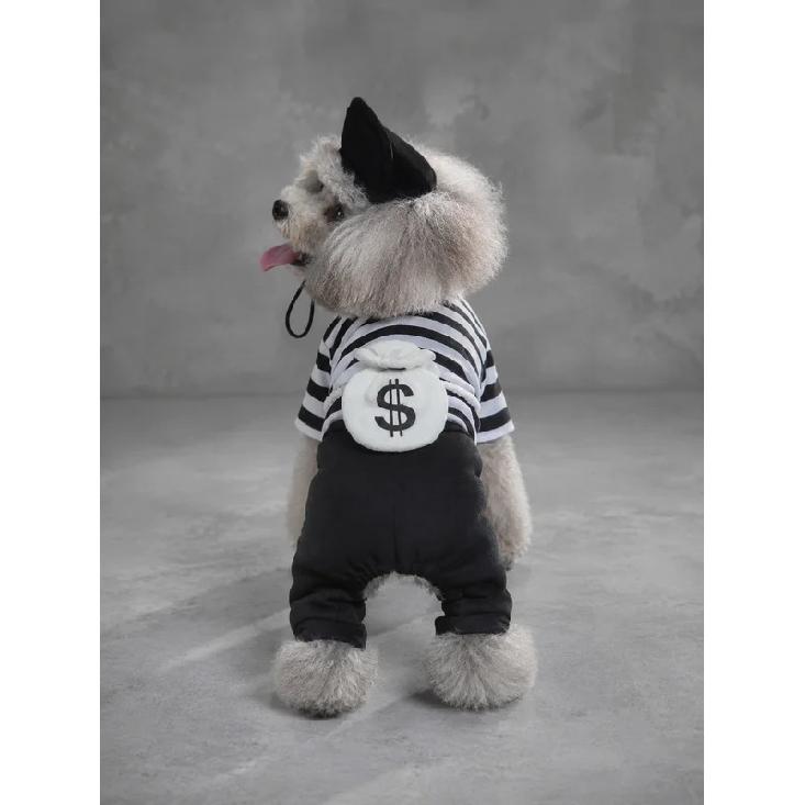 Lightweight Breathable Pet Burglar‑Style Cosplay Costume Set, For Small Medium Breed Dog Cat, Soft Striped Knit Jumpsuit Outfit With Matching Cap