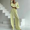 Повседневный однотонный костюм с V-образным вырезом, футболкой и брюками, укороченным топом с длинными рукавами, эластичной талией, широкими брюками, весенним домашним нарядом
