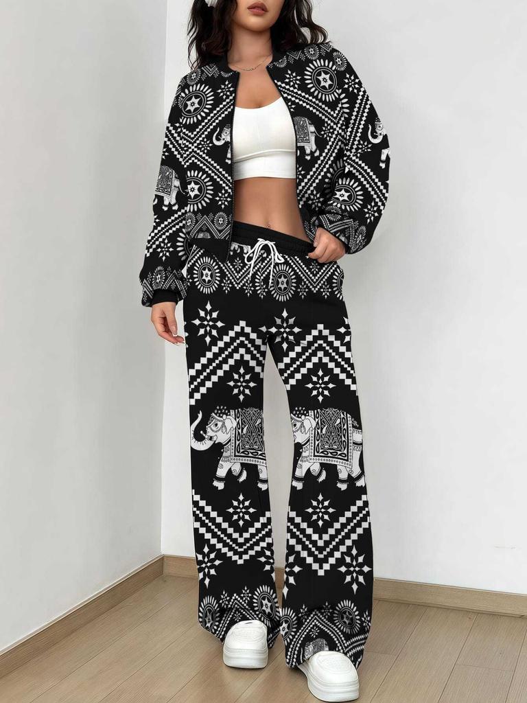 Pink Autumn And Winter New European And American Women'S Clothing Retro Pattern Printing Suit Women