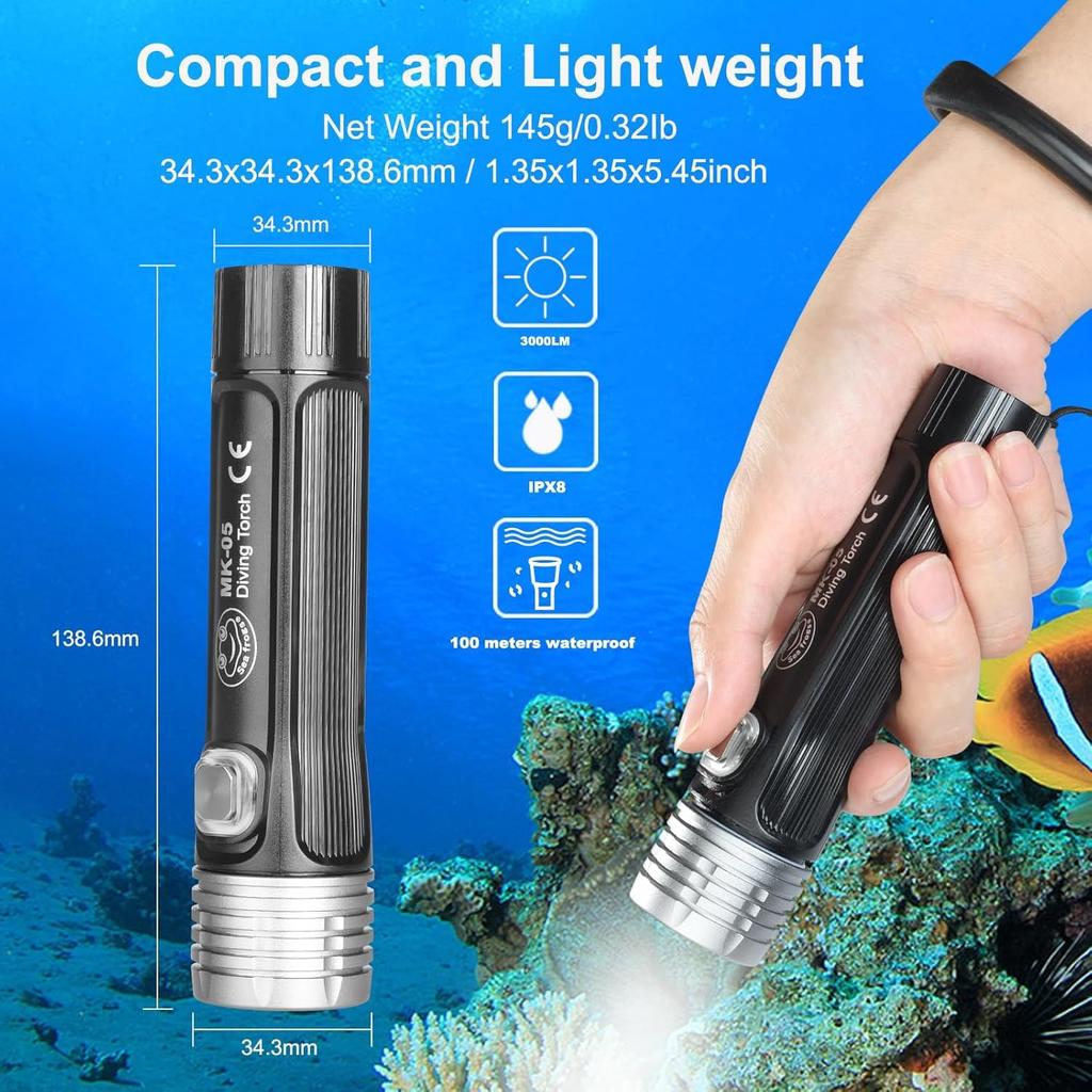 Diving Light LED Flashlight Waterproof 2000 Lumens IPX8 3 Modes Underwater Light Diving Light Handy Light Disaster Prevention Supplies Spearfishing