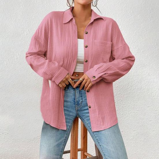 Women Casual Shirt Lapel Long Sleeve Button Down Casual Top with Patch Pocket Solid Color Loose