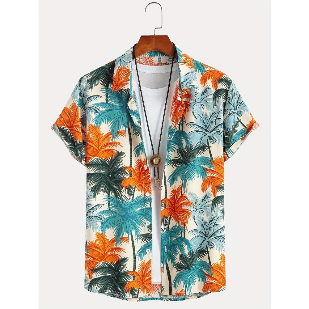 Tropical Coconut Tree Pattern Men's Short Sleeve Button Down Lapel Shirt For Summer Resort Holiday Hawaiian Style Oversized Tops