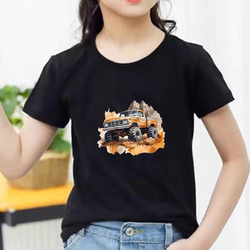 Kids Cotton T Shirt Retro Watercolor Offroad Car Print Crew Neck Short Sleeve Tee Casual Breathable Boys Girls Summer Tops